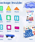 134 Piece Magnetic Building Tiles Set For Kids, Durable STEM Toys With Strong Magnets shown with packaging and tile count