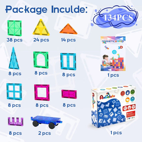 134 Piece Magnetic Building Tiles Set For Kids, Durable STEM Toys With Strong Magnets shown with packaging and tile count