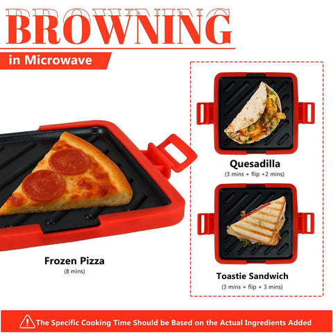 Three In One Microwave Toastie Sandwich Maker With Panini Press, Dishwasher Safe, showing frozen pizza and sandwich options.