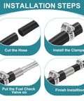 Four-panel installation steps diagram for a stainless steel 7/8in to 5/8in hose reducer with clamps and valve