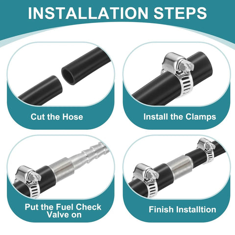 Four-panel installation steps diagram for a stainless steel 7/8in to 5/8in hose reducer with clamps and valve