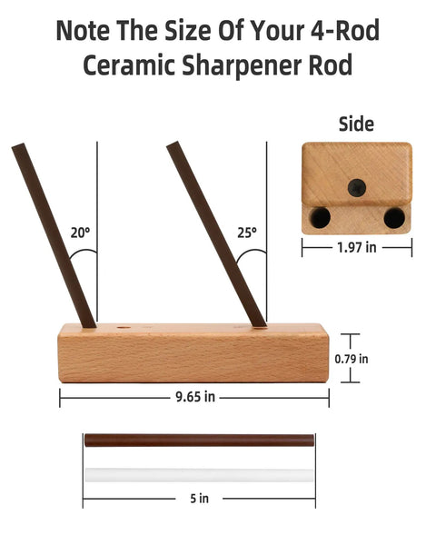 4 Rod Ceramic Sharpener Kit With Turn Box For Kitchen Knives Portable Manual Sharpening Rod Wood dimensions and angles visible