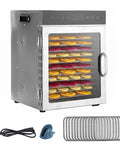 Premium Electric Food Dehydrator With Slick Dual Fan Heating On 12 Heavy Duty Stainless Steel Trays drying sliced fruit.