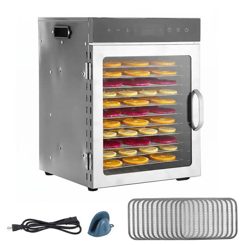 Premium Electric Food Dehydrator With Slick Dual Fan Heating On 12 Heavy Duty Stainless Steel Trays drying sliced fruit.