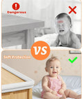 Heavy Duty Baby Corner Guards And Edge Protectors With No Fuss Peel And Stick Prep For Tot Approved Spaces Plus Extra Thick Rubber Foam Air Cushion Side Bumpers For Running Kids comparison image showing a crying baby vs. happy baby with soft corner guards.