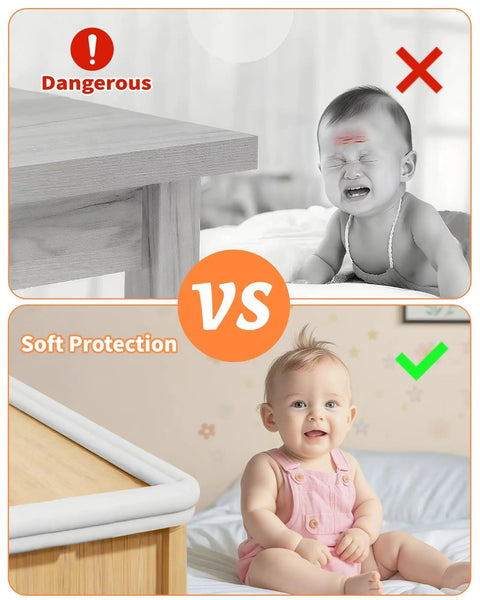 Heavy Duty Baby Corner Guards And Edge Protectors With No Fuss Peel And Stick Prep For Tot Approved Spaces Plus Extra Thick Rubber Foam Air Cushion Side Bumpers For Running Kids comparison image showing a crying baby vs. happy baby with soft corner guards.
