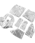 Heavy Duty Aluminum Foil Heat Insulated Suit Takes The Heat At 1200 Degrees Fire Retardant Industrial Safety Gear set with gloves and protective garments laid out.