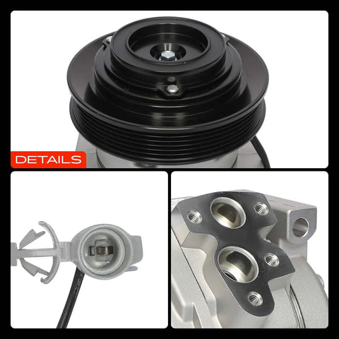 Close-up view of Straight Up Top Tier Air Conditioning Compressor Replacement With Clutch For Toyota Corolla 2003 Through 2008, showcasing details.