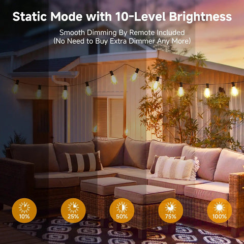 Outdoor patio with 25Ft Solar String Lights With Remote, 3 Lighting Modes, Waterproof Dimmable Patio Lights With 11 S11 LED Bulbs