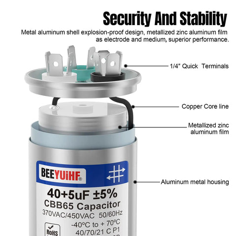 Beefed Up Heavy Duty Dual Run Capacitor 40 And 5 MFD CBB65 For AC Motors And Fans, 370 440 450V AC, 50 To 60 Hz, labeled specifications