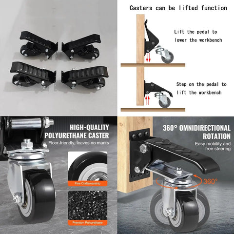 Heavy Duty Retractable Workbench Casters Kit includes 360° rotating polyurethane wheels and lift pedal for mobility.