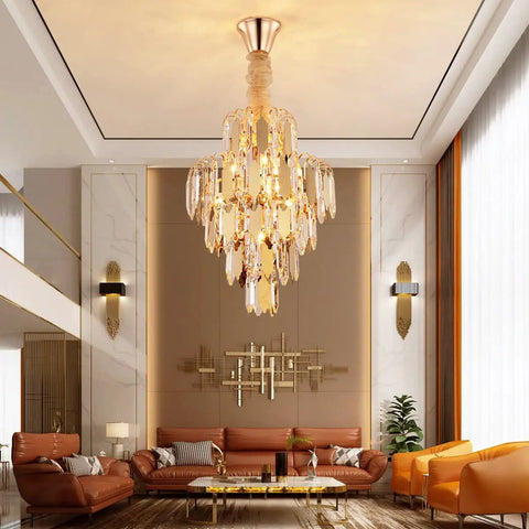 Lit Gold Finish Modern Crystal Chandelier, 5-Tier 7-Light Round Pendant Ceiling Light With Adjustable Chain, 15.7 Inch Diameter in living room
