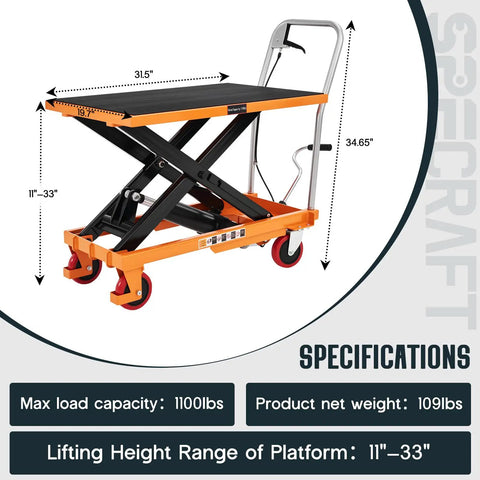 Heavy Duty Hydraulic Lift Table Cart With 1100 Lb Capacity Reliable Pump Smooth Operation Easy To Use For Material Handling Tasks, 31.5" x 19.7" platform.