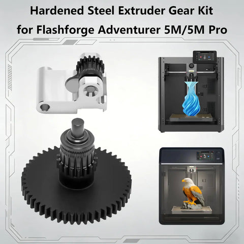 Beefed Up Hardened Steel Extruder Gear With Integrated Shaft For 5M And 5M Pro Direct Drive Replacement shown with 3D printers.