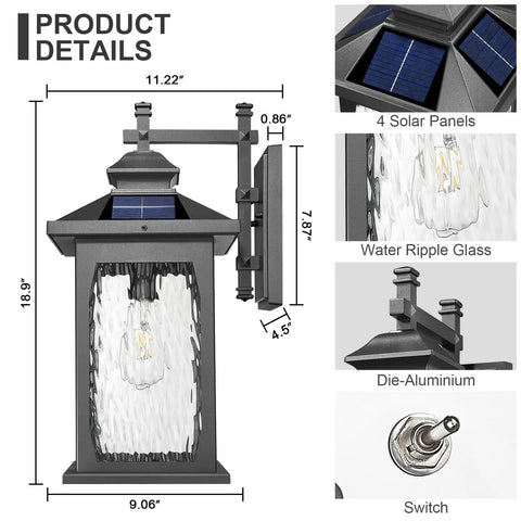 Luminzone Outdoor Light Fixtures Wall Mount Solar Lantern, Vintage Dusk to Dawn design with solar panels and water ripple glass.