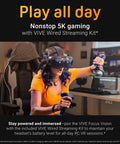 Person wearing Focus Vision XR Headset Bundle with DisplayPort PC VR Streaming Kit for standalone and PC VR gaming, seated.