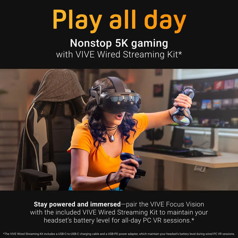Person wearing Focus Vision XR Headset Bundle with DisplayPort PC VR Streaming Kit for standalone and PC VR gaming, seated.