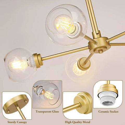 Gold Globe Giant Pendant Chandelier 5 Light Sputnik Ceiling Fixture with dope clear glass shades, close-up view of details