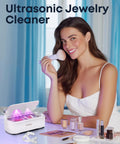 Woman using 48KHz Ultrasonic Jewelry Cleaner With Dual Modes And Degas Function, 19oz 304 Stainless Steel Tank for accessories cleaning