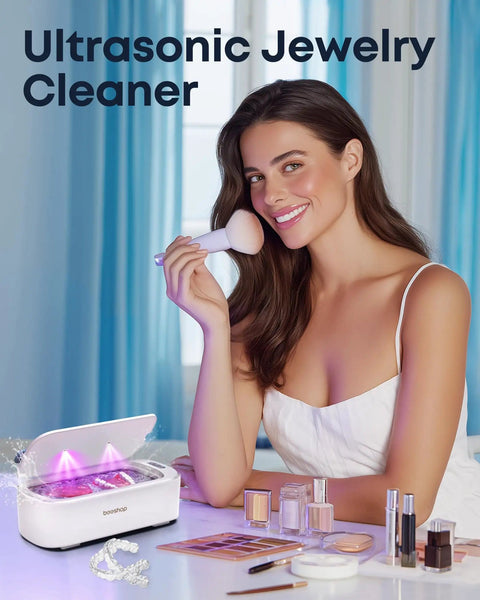 Woman using 48KHz Ultrasonic Jewelry Cleaner With Dual Modes And Degas Function, 19oz 304 Stainless Steel Tank for accessories cleaning