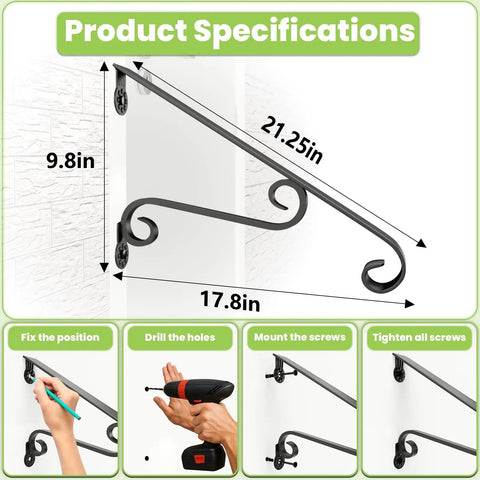 Wall Mounted Stair Handrail For 1 To 2 Steps, Durable Wrought Iron Grab Rail In Black, installation guide and dimensions
