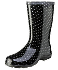 Women Mid Calf Waterproof Garden Rain Boots With Killer Traction And Legit All Day Comfy Support Insole For Yard Work Or Rainy Days Snazzy Black And White Polka Dot Style Made Stateside True To Size side view