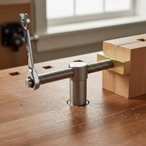 Desktop Vise Clamp For Workbench Boss Bench Dog Ratchet Clamp CNC Machined Precision Tool 19mm Fit Stainless Steel With Brass Bits Built For Makers DIY Hobbyists And Carpenters, brass jaw