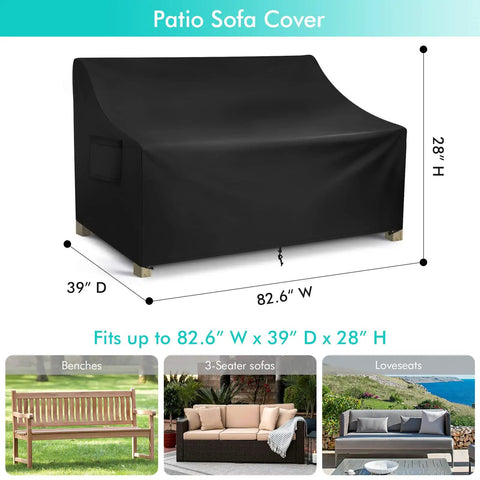 All Weather Waterproof Patio Sofa Cover For 3-Seater Outdoor Couch, Heavy Duty Deep Loveseat, Universal Fit with dimensions.