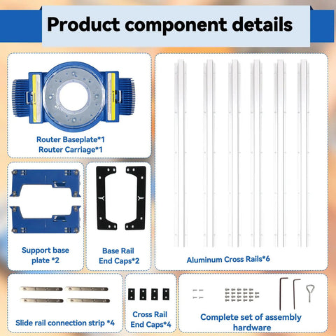 Flat Sled System components for precise router trimming and planing, aluminum rails, router baseplate, and assembly hardware.