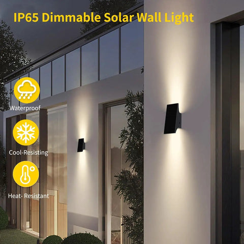 Rock Solid Solar Wall Lights With Up And Down Next Level Glow built for outdoor patios, showing IP65 dimmable solar wall light.