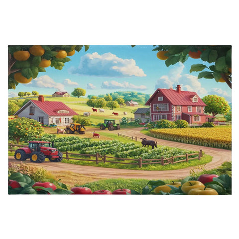 Illustration of idyllic farm with red barns, crops, trees, and a tractor in a scenic landscape setting.
