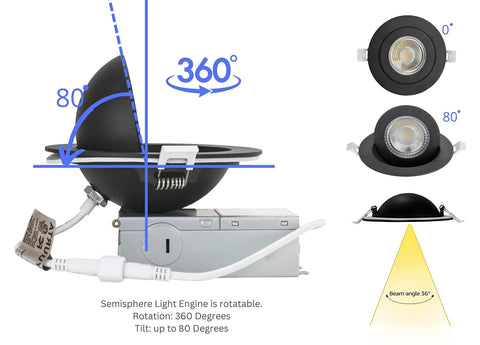 4 Inch Adjustable Eyeball LED Recessed Gimbal Light 9W 120V with 360-degree rotation and 80-degree tilt features.