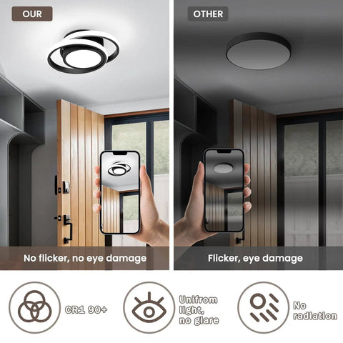 Comparison of Two Ring Modern LED Ceiling Light Fixture In Black Finish with another light, showing flicker-free illumination.