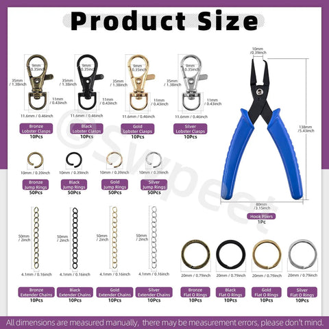 All In One Keychain Making Kit With Pliers 321 Pcs Including 40 Swivel Lanyard Hooks 200 Jump Rings 40 Keychain Rings 40 Extender Chains In Bronze Black Gold Silver For Diy Craft Projects product components and sizes