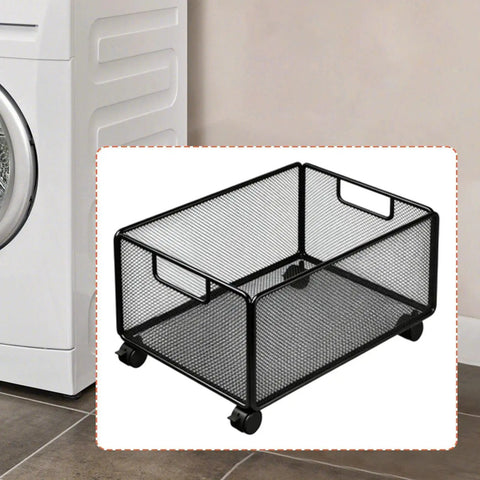 Smooth Rolling Storage Cart With Heavy Duty Iron Construction And Open Shelves Ideal For Office Organization Kitchen Utility Or Art Supply Sorting. Black wire mesh cart with wheels.