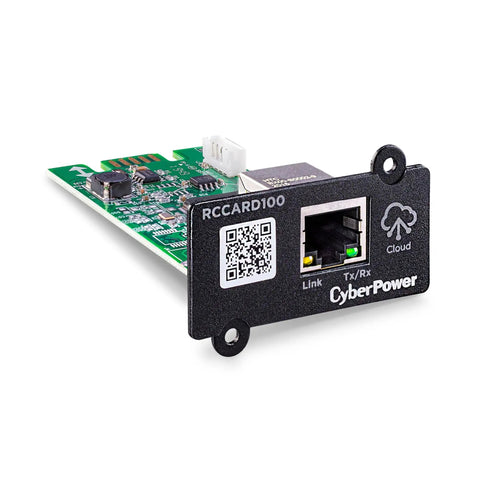 RCCARD100 Cloud Monitoring Card for UPS Systems with Remote Management via PowerPanel Cloud, shown with ports and QR code