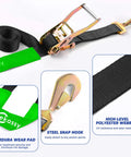 Heavy Duty Car Trailer Ratchet Tie Down Straps With Snap Hooks And Axle Loops 2 Inch Wide 8 Feet Long 10000lb Break Strength 4 Pack close-up of ratchet mechanism and steel snap hook.