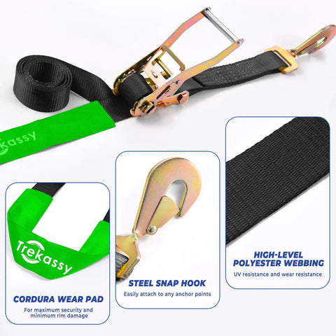 Heavy Duty Car Trailer Ratchet Tie Down Straps With Snap Hooks And Axle Loops 2 Inch Wide 8 Feet Long 10000lb Break Strength 4 Pack close-up of ratchet mechanism and steel snap hook.
