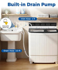 Compact Twin Tub Portable Washing Machine Featuring High Speed Drain Pump Quick Spin Dryer Combo with built-in drain and inlet hoses.