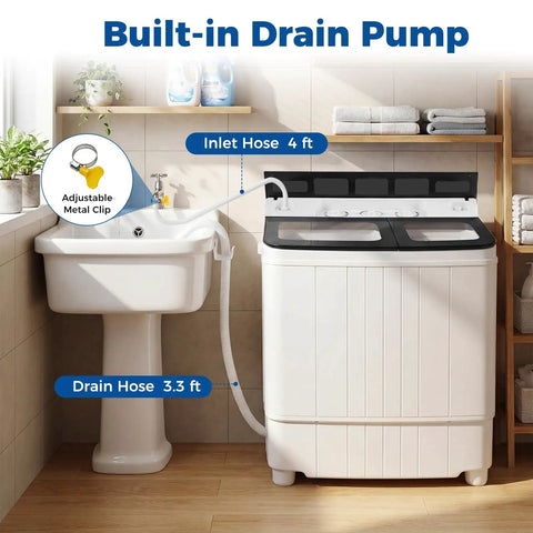 Compact Twin Tub Portable Washing Machine Featuring High Speed Drain Pump Quick Spin Dryer Combo with built-in drain and inlet hoses.
