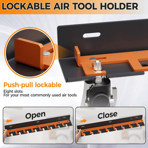 Close-up view of lockable air tool holder showing eight slots for pneumatic tools, featuring push-pull lock mechanism.