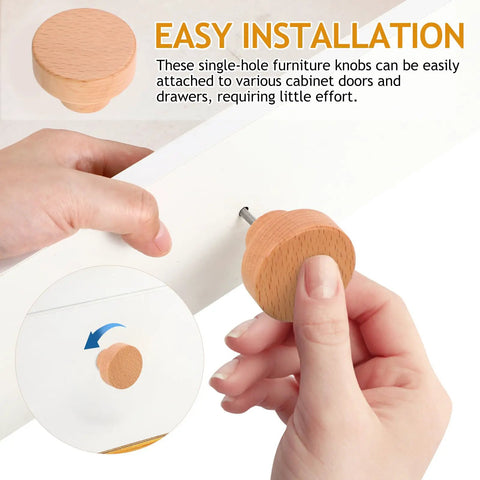 Round Beech Wood Cabinet Handles 4 Pack Circular Drawer Pulls 35mm Single Hole Mount Farmhouse Style easy installation view