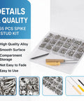 Image of 455 Piece Punk Spikes And Studs Kit For Clothing And Leathercraft With Premium Metal Cone Spikes in a clear box with tools.