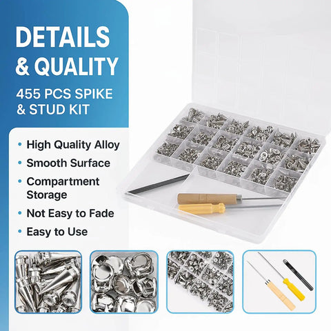 Image of 455 Piece Punk Spikes And Studs Kit For Clothing And Leathercraft With Premium Metal Cone Spikes in a clear box with tools.