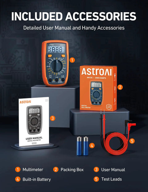 Orange Digital Multimeter With Capacitance Measurement And 2000 Counts For DC AC Voltage, Current, Resistance, Continuity And Diode Testing, Range 200nF To 2000μF, Handy Ohm Meter For Home And DIY Electronics with manual, probes and batteries