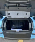 Slick Four Seater Electric Golf Cart Boasting Ridiculously Comfy Luxury Seats And Knobby Antislip Tires With A Sharp Hd Led Display For A Real Smooth Weekend Ride In Light Blue trunk view with storage space.