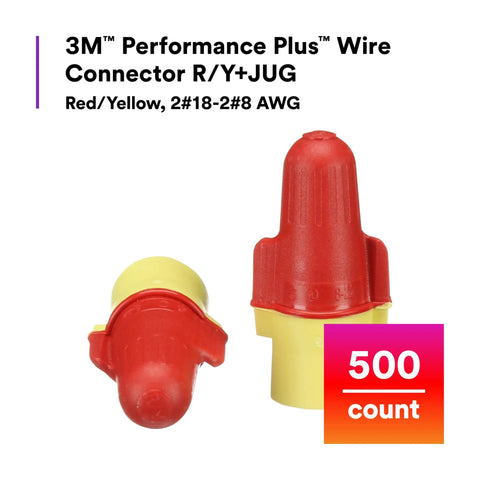 Performance Plus Red Yellow Wire Connector Jug Of 500, Flexible Steel Spring Copper For 22-8 AWG Solid And Stranded, UL Listed