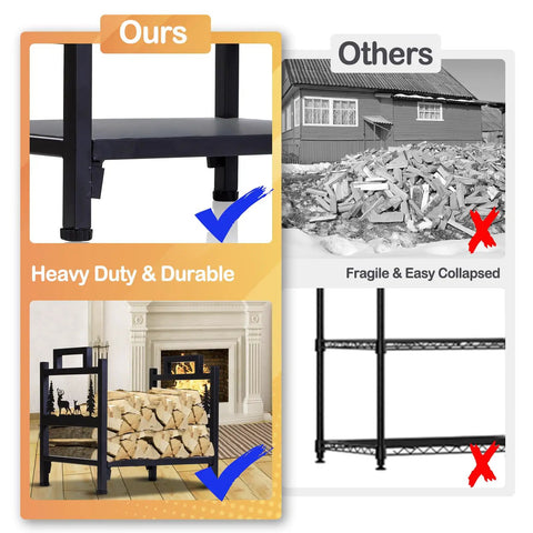 Beefy Heavy Duty Steel Firewood Rack For Indoor And Outdoor Use Log Holder comparison, highlighting durability and stability.