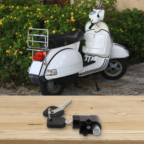 Electric Bike Battery Lock And Key Kit with metal lock, silver color, 20mm size, displayed on table, scooter in background