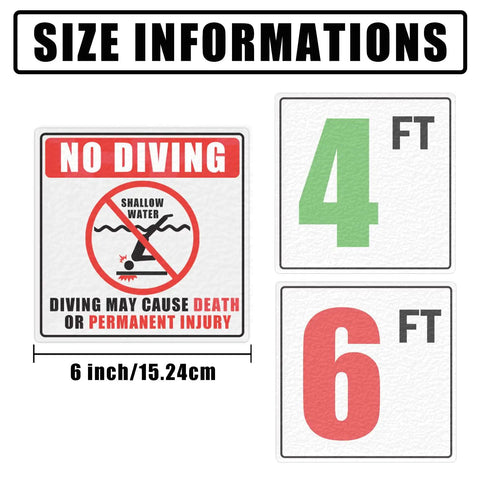 6x6 Inch Pool Depth Marker Stickers No Diving Warning Signs For Shallow Water 3ft 4ft 5ft 6ft Non Slip Adhesive Pool Safety Decor Labels Weather Resistant Easy Peel For Indoor And Outdoor Pools